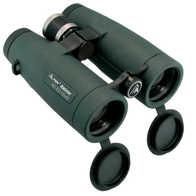 Alpen Rainier 10x42 ED HD Binoculars slightly facing right with the lens cap off.