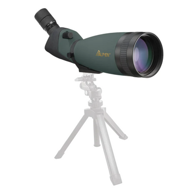 Alpen Shasta Ridge 25-75x100 Waterproof Spotting Scope slightly facing right on a blurry image of its tripod.