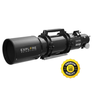 Explore Scientific ED102-FCD100 Series Air-Spaced Triplet Telescope in Carbon Fiber unmounted slightly facing left.