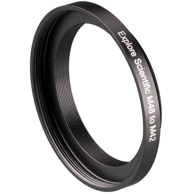 Explore Scientific T2 Reduction Adapter M48x0.75 to M42x0.75 slightly facing right.