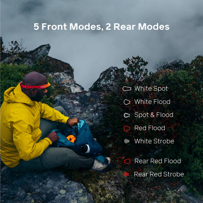 A man wearing HeadLamp 425 Ember Yellow on top of a mountain.