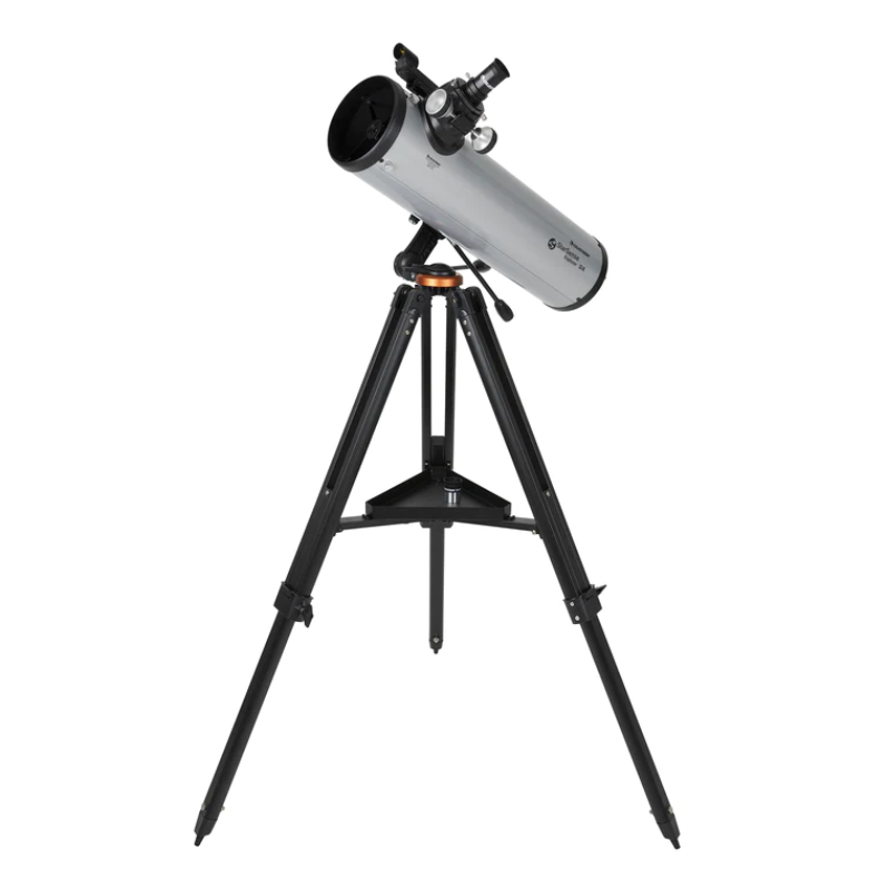 STARSENSE EXPLORER DX 130AZ SMARTPHONE APP-ENABLED NEWTONIAN REFLECTOR TELESCOPE on a tripod slightly facing left and pointed to the sky.