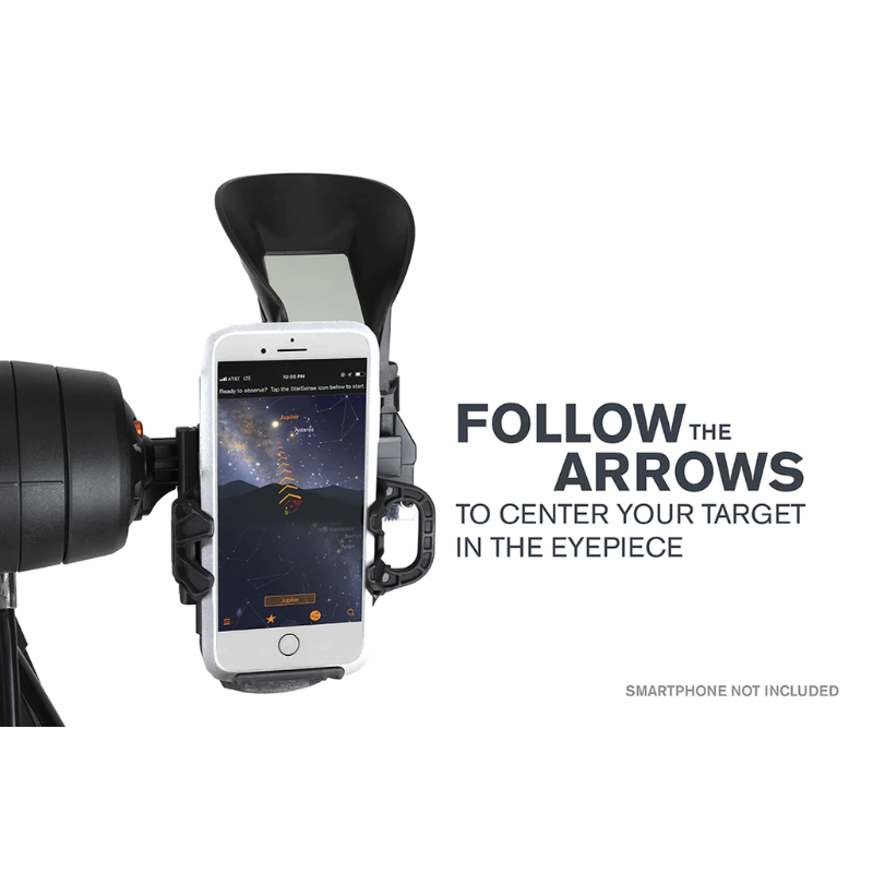 Zoomed in image of a cellphone attached to a STARSENSE EXPLORER DX 130AZ SMARTPHONE APP-ENABLED NEWTONIAN REFLECTOR TELESCOPE.