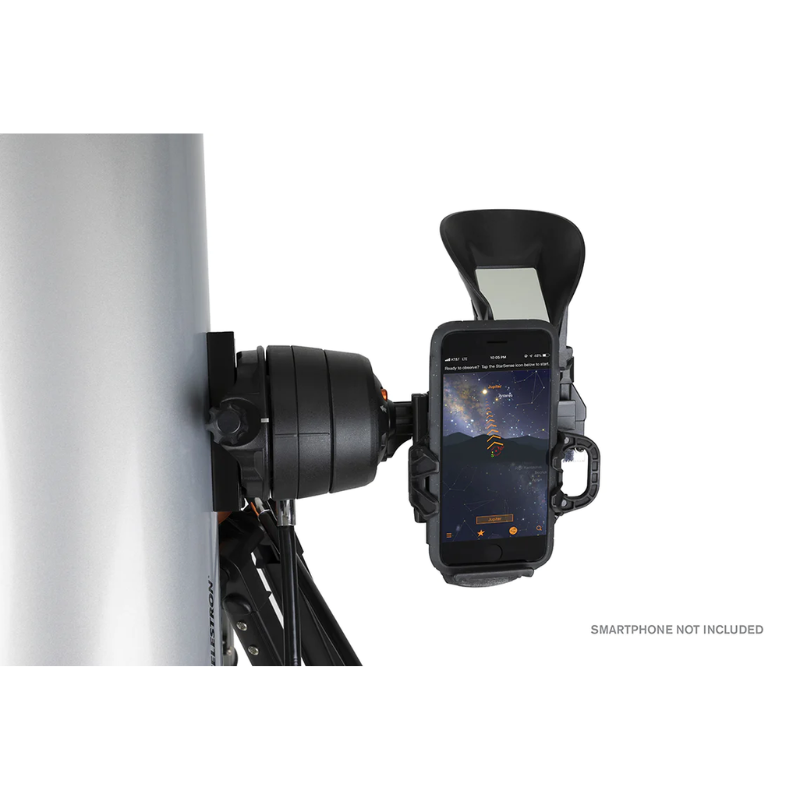 Zoomed in image of a cellphone attached to STARSENSE EXPLORER DX 130AZ SMARTPHONE APP-ENABLED NEWTONIAN REFLECTOR TELESCOPE.