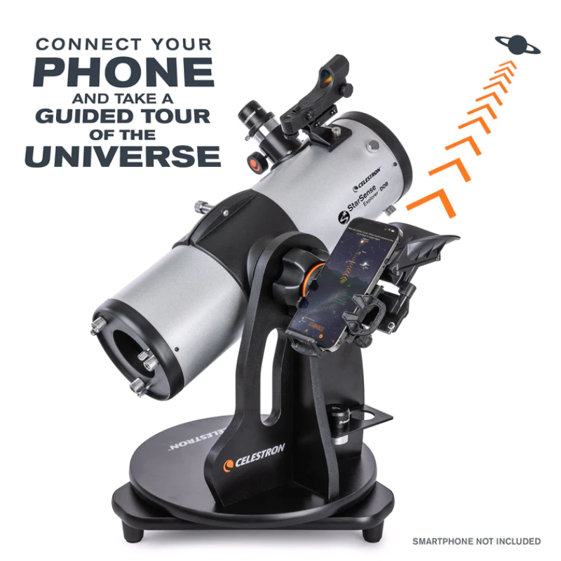 Starsense Explorer 114mm Smartphone App-Enabled Tabletop Dobsonian Telescope assembled slightly facing right and pointed up.