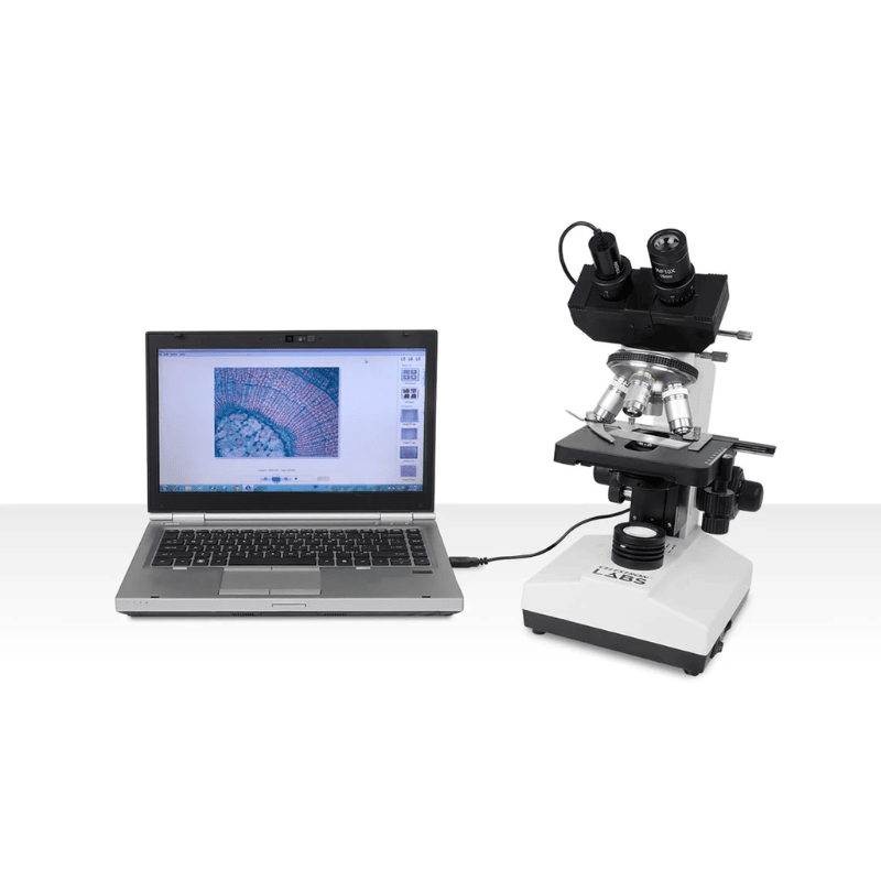Celestron Labs CB1000CF Compound Microscope attached to a laptop.