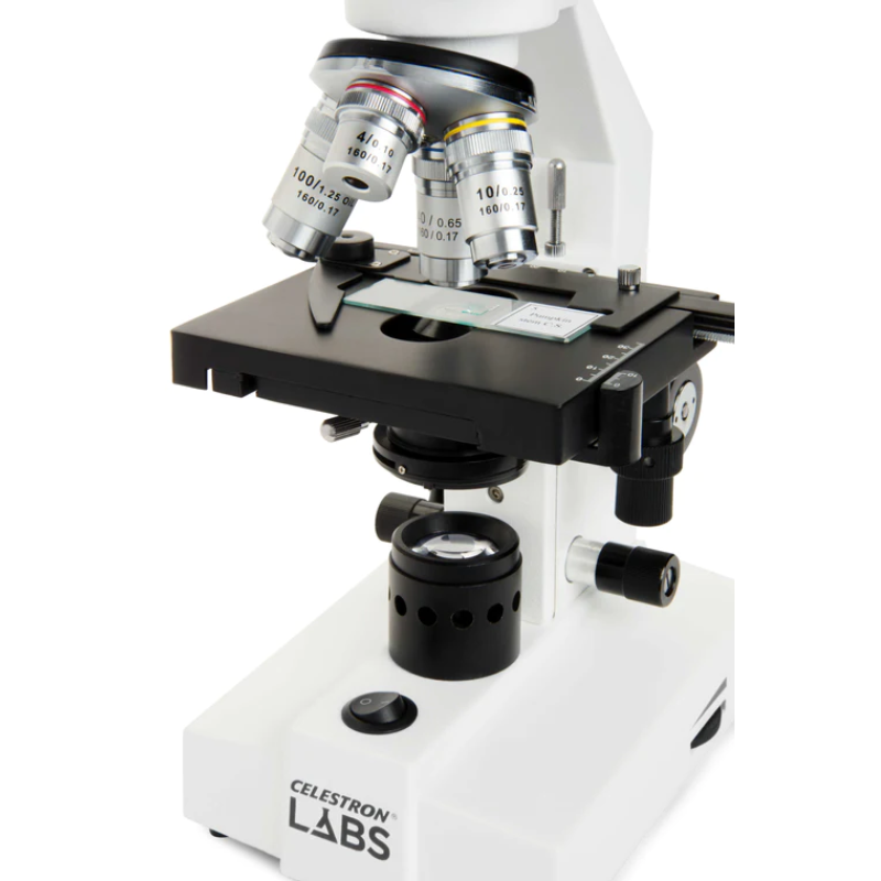 Celestron Labs CB2000CF Compound Microscope stage with slide.