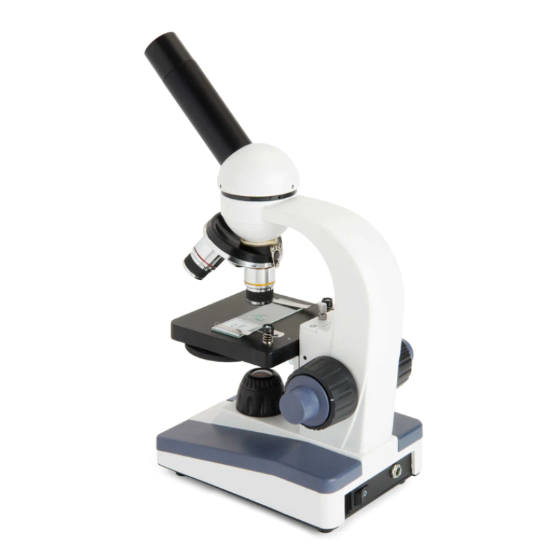 Celestron Labs CM1000C Compound Microscope facing left.