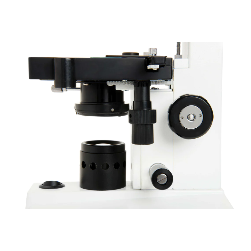 Celestron Labs CM2000CF Compound Microscope facing left focused on the stage and illuminator.