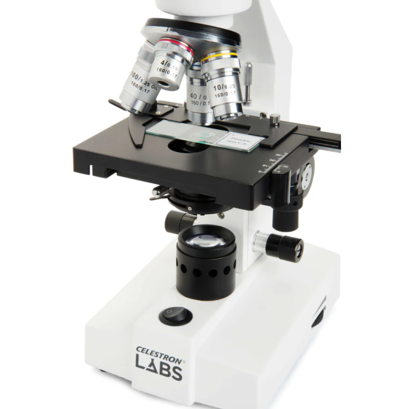 Celestron Labs CM2000CF Compound Microscope stage with slide.