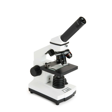 Celestron Labs CM800 Compound Microscope slightly facing right.
