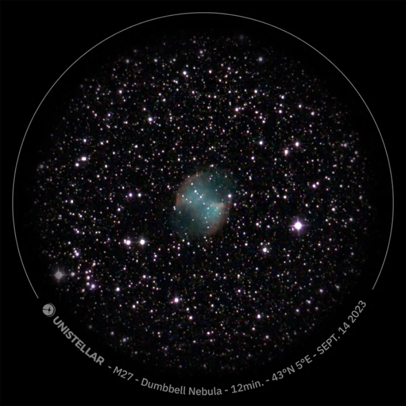 Image of Dumbbell Nebula through Unistellar ODYSSEY Smart Telescope.