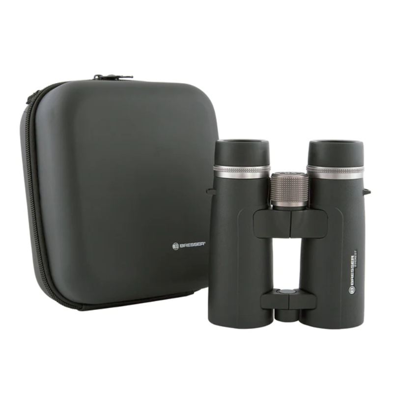 Everest 8x42 ED Binoculars facing down next to its case.