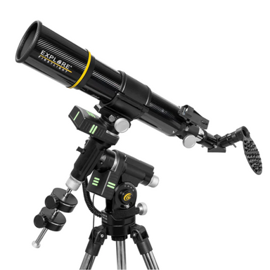 Explore FirstLight 80mm CF Telescope Go-To Tracker Combo with Solar Filter facing left.