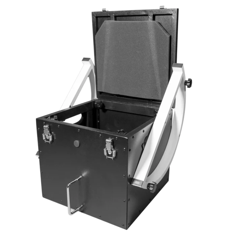 Explore Scientific 10 inch Hybrid Truss Tube Dobsonian Telescope with open rocker box with altitude bearing.