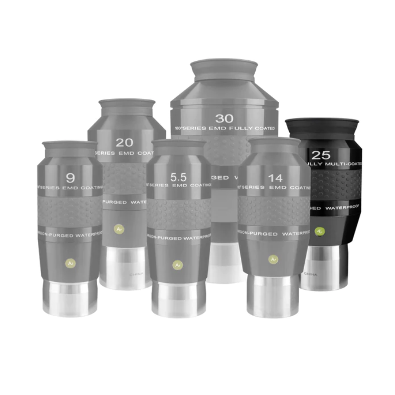 Explore Scientific 100° Series 25mm Waterproof Eyepiece with blurry images of its set.