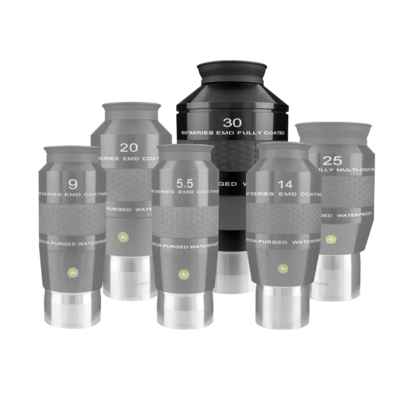 Explore Scientific 100° Series 3" 30mm Waterproof Eyepiece with blurry images of its set. 