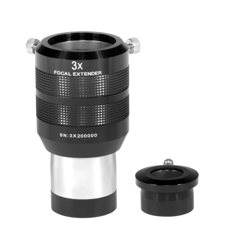 Explore Scientific 2" 3X Focal Extender - FE03-020 facing front with its accessory on its side. 