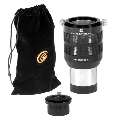 Explore Scientific 2" 3X Focal Extender - FE03-020 with its accessories on its side and its bag. 