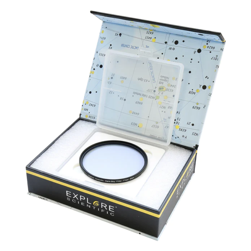 Explore Scientific Dark-Sky Filter 77mm Slim in its box.