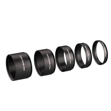 Explore Scientific Extension Ring Set M48x0.75 - 5 pieces (30, 20, 15, 10 and 5 mm slightly facing right.