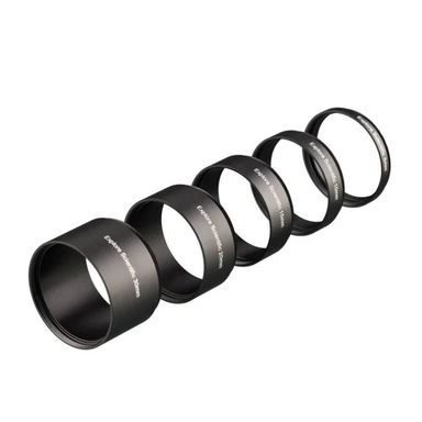 Explore Scientific Extension Ring Set M48x0.75 5 pieces 30, 20, 15, 10, and, 5mm slightly facing up and right.