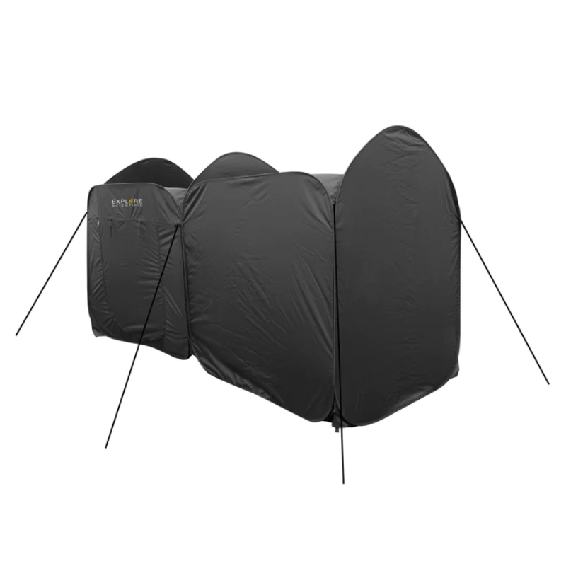 Explore Scientific Two-Room Pop-Up Go Observatory Tent assembled slightly facing left with door closed.