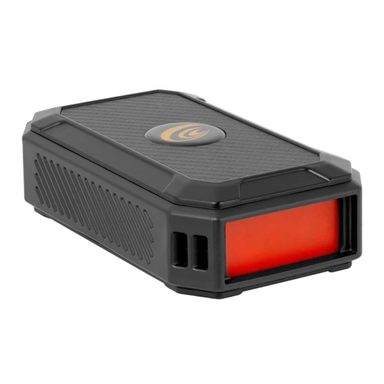 Explore Scientific USB Power Bank with Red LED Flashlight slightly facing right with light showing.