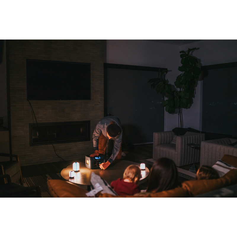 Image of a family in the living room with BaseCharge 600 being used on a power outage. 