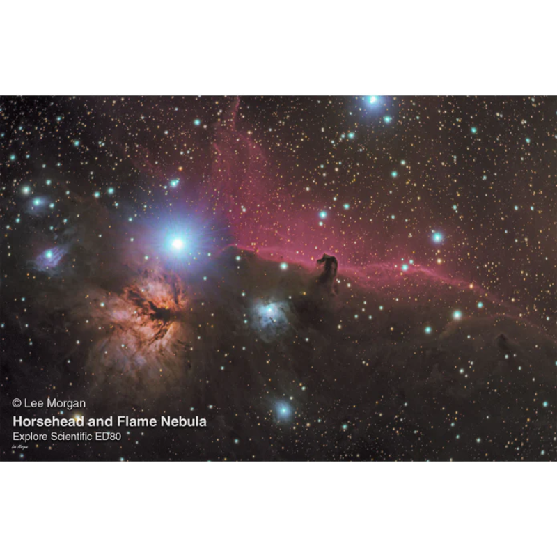 Image of Horsehead and Flame Nebula through Explore Scientific ED80-FCD100 Series Air-Spaced Triplet Refractor Telescope.