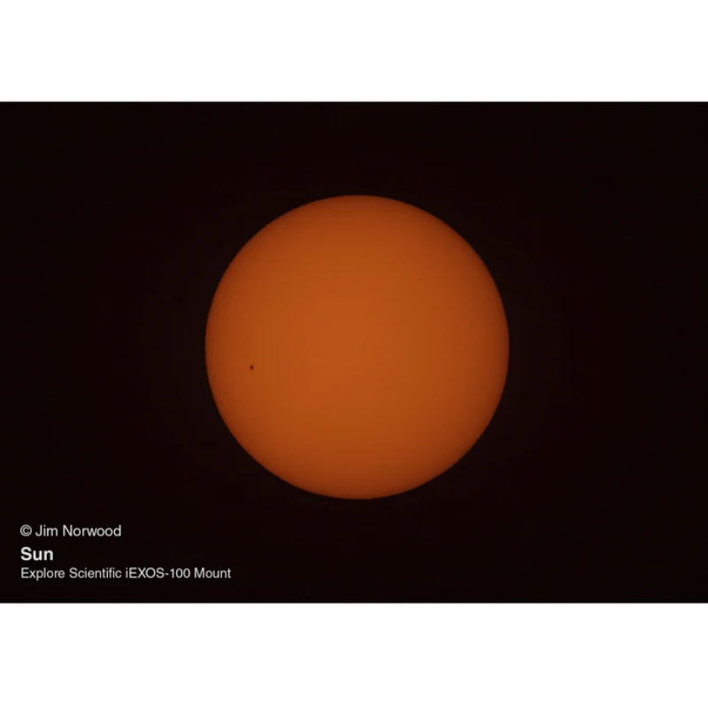 Image of the sun with filter using iEXOS-100-2 PMC-Eight Equatorial Tracker System with WiFi and Bluetooth®.