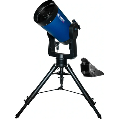Meade 14" f/10 LX200 ACF Telescope with Tripod and X-Wedge assembled slightly facing left and pointed to the sky. 