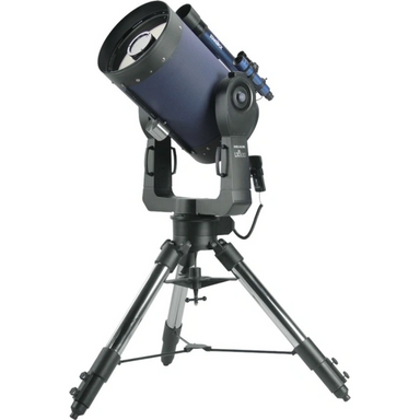 Meade 14" f/8 LX600 ACF Telescope with StarLock and Tripod assembled slightly facing left and pointed to the sky. 