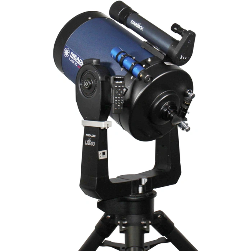 Meade 14" f/8 LX600 ACF Telescope with StarLock and Tripod assembled facing left and backward pointed to the sky. 