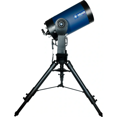 Meade 14" f/10 LX200 ACF Telescope with Tripod and X-Wedge assembled , facing right and pointed to the sky. 