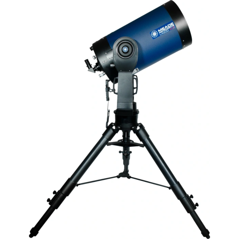 Meade 14" f/10 LX200 ACF Telescope with Tripod and X-Wedge assembled , facing right and pointed to the sky. 