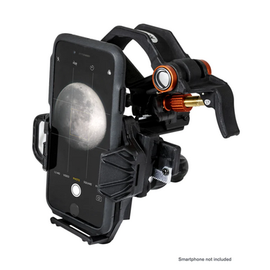 NEXYZ 3-AXIS UNIVERSAL SMARTPHONE ADAPTER with a cellphone attached and an image of the moon. 
