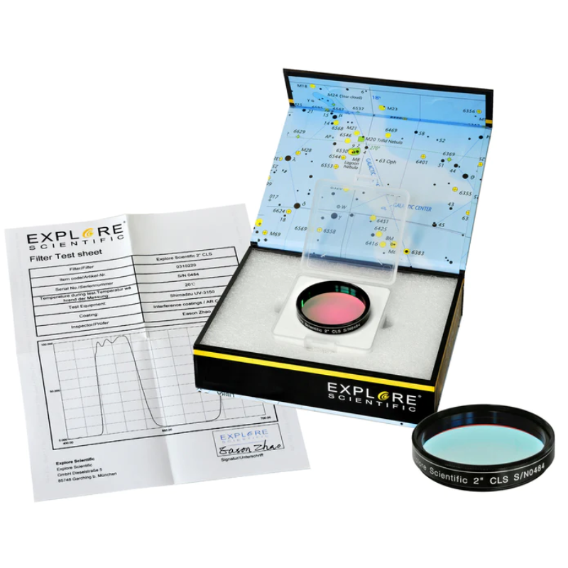 Nebula Filter CLS 2.0-inch in its box and its data next to it.