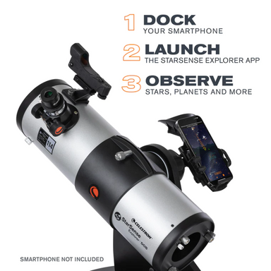 Starsense Explorer 114mm Smartphone App-Enabled Tabletop Dobsonian Telescope assembled and slightly pointed left and pointed up.