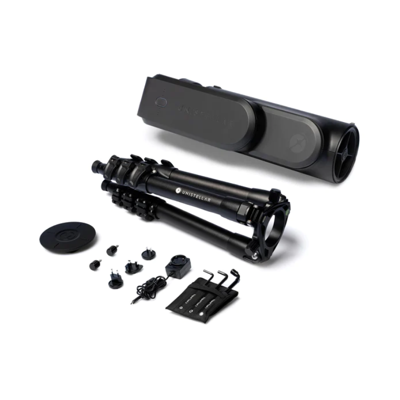 Unistellar ODYSSEY PRO Smart Telescope with its accessories disassembled.