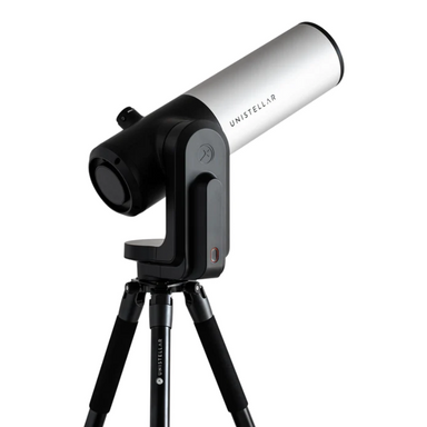 Unistellar eVscope 2 Digital Telescope on its tripod, slightly facing right and pointed to the sky. 