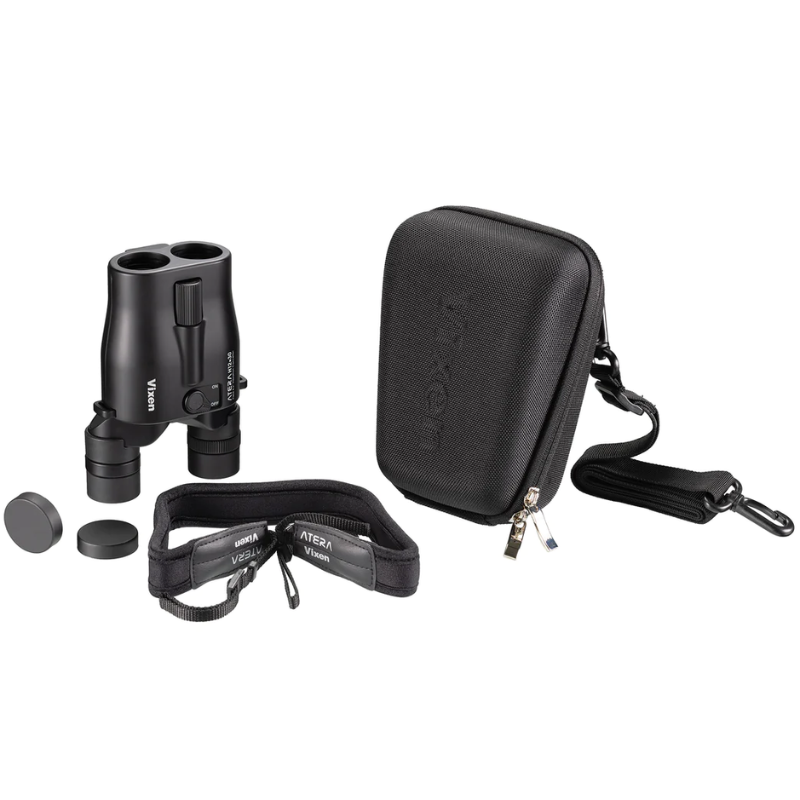 Vixen ATERA H12x30 Image Stabilized Binoculars standing straight with accessories.