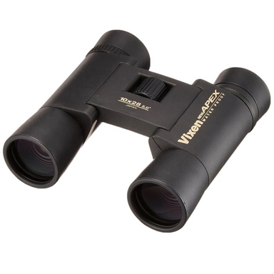 Vixen New Apex 10x28 DCF Binoculars slightly tilted left.