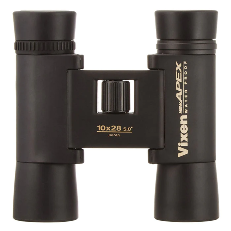 Vixen New Apex 10x28 DCF Binoculars standing straight.