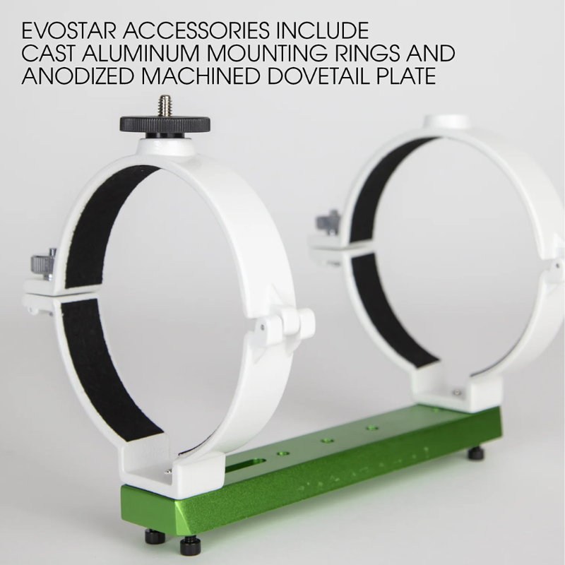 Zoomed in image EvoStar 80ED Apo Refractor mounting rings and anodized machined dovetail plate.