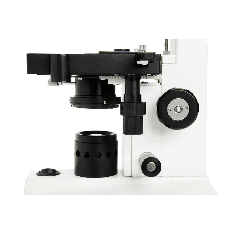Zoomed in image of Celestron Labs CB1000CF Compound Microscope facing left.