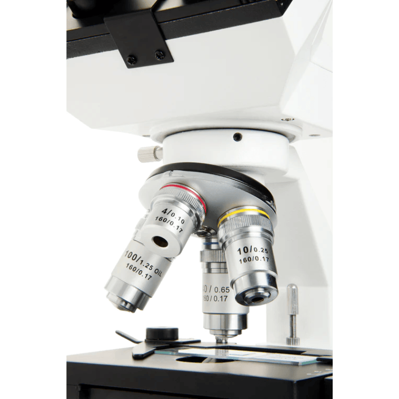 Zoomed in image of Celestron Labs CB1000CF Compound Microscope objective lens.