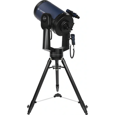 Image of Meade 12" f/10 LX90 ACF Telescope with Field Tripod assembled pointed to the sky and slightly facing to the left and backwards. 