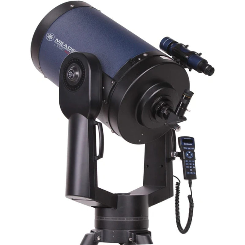 Image of Meade 12" f/10 LX90 ACF Telescope with Field Tripod facing backwards, slightly to the left and pointed to the sky. 
